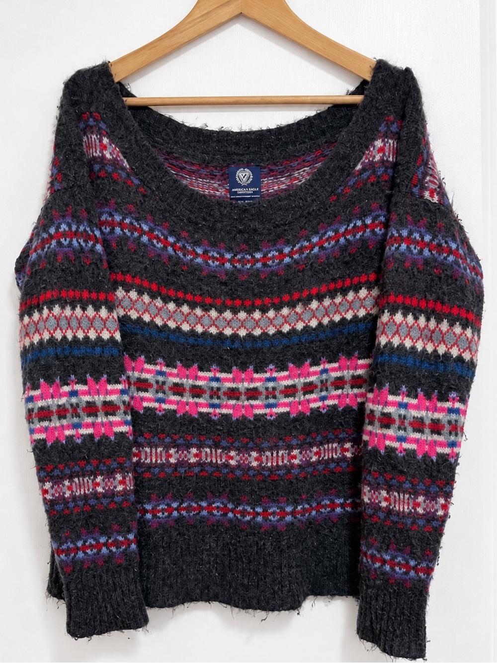 American Eagle Wool Mohair Fuzzy Fair Isle Sweater XL Cozy Boho Retro 2011 Era